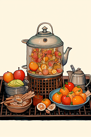 围炉煮茶烤橘子美食插画