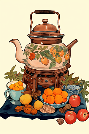围炉煮茶驱寒烤橘子插画