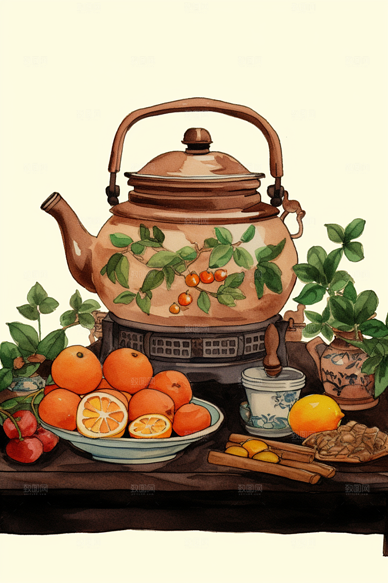 围炉煮茶驱寒秋冬插画
