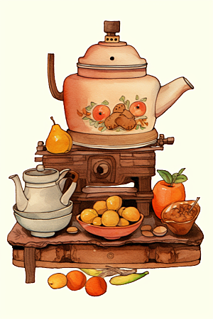 围炉煮茶高清热茶插画