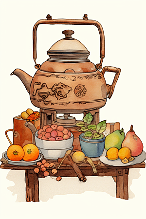 围炉煮茶火炉烤橘子插画