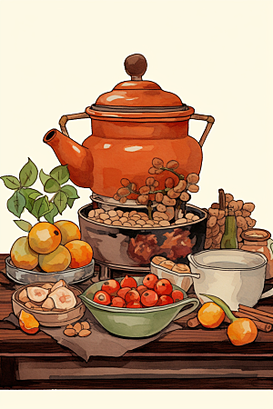 围炉煮茶中式下午茶美食插画