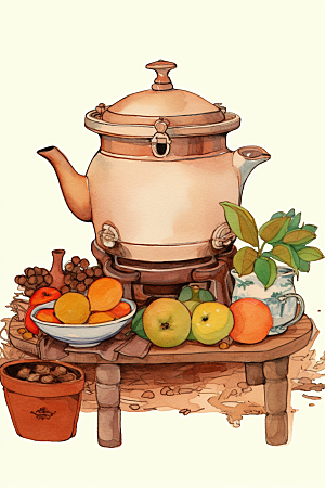 围炉煮茶中国风中式下午茶插画