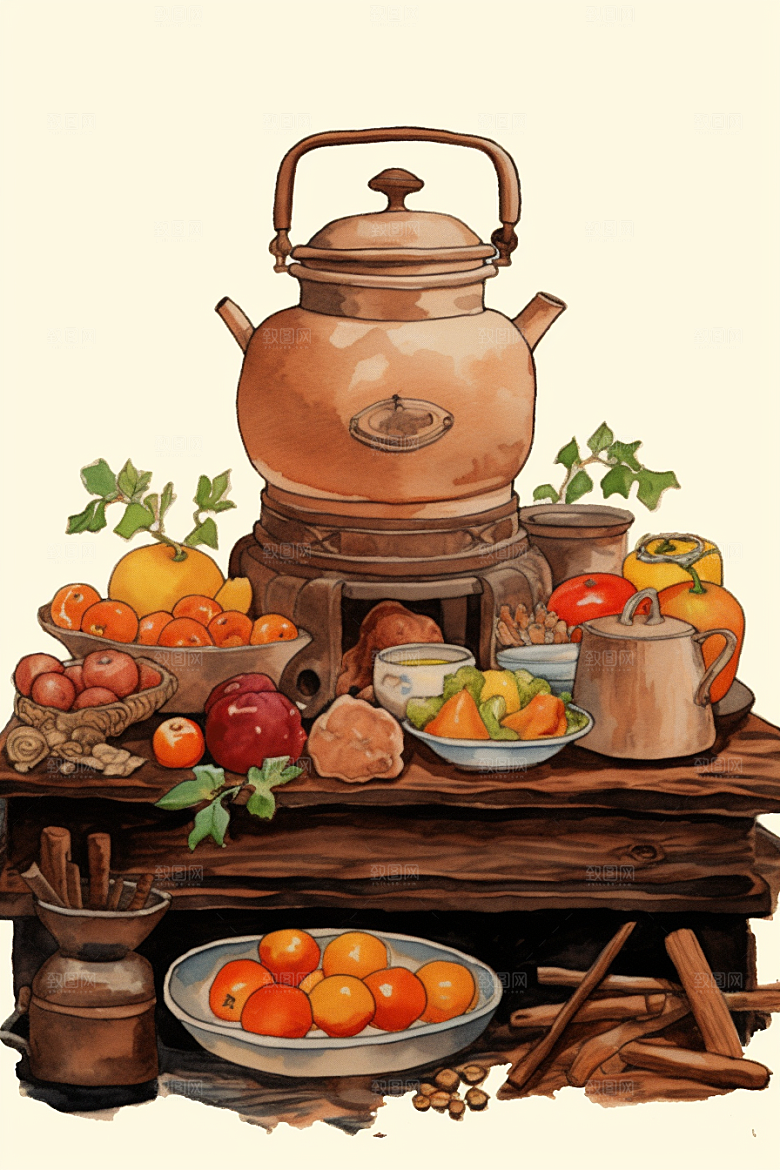 围炉煮茶火炉中式下午茶插画