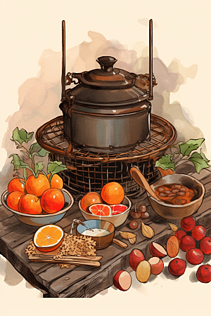 围炉煮茶烤橘子秋冬插画