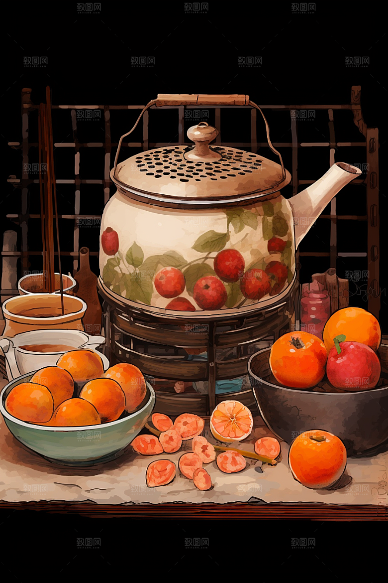 围炉煮茶手绘高清插画