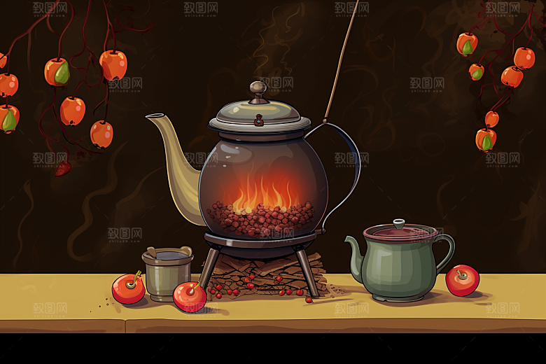 围炉煮茶手绘中国风插画