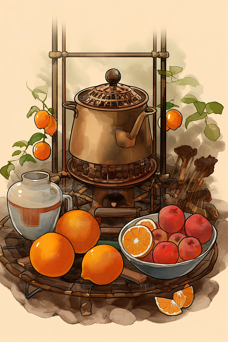 围炉煮茶中国风高清插画
