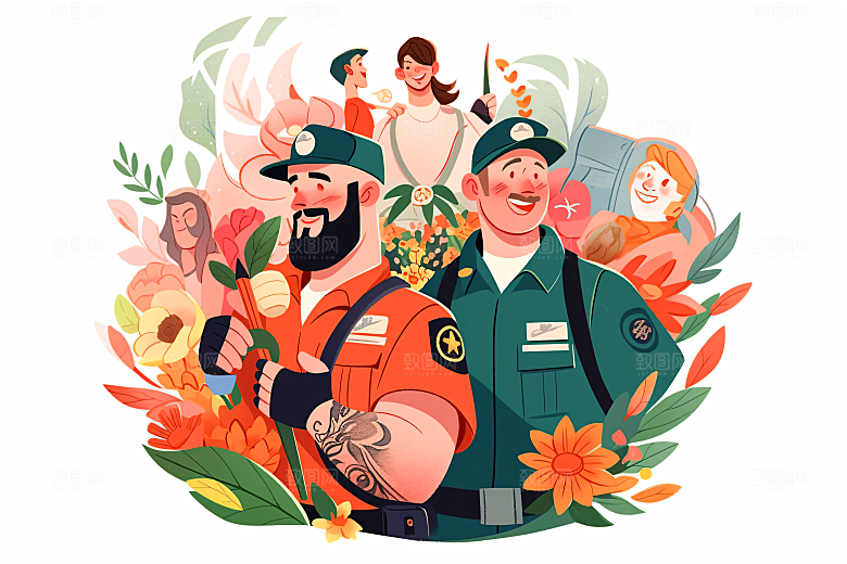 扁平风工人肖像高清卡通插画