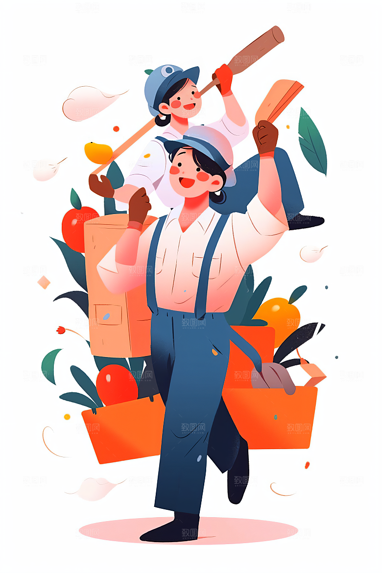 扁平风工人肖像五一彩色插画