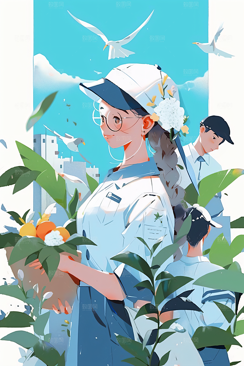 扁平风工人肖像卡通漫画插画
