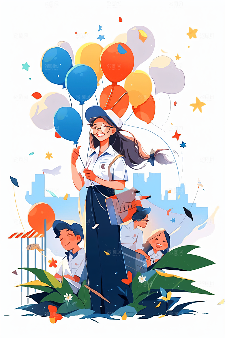 扁平风工人肖像漫画彩色插画