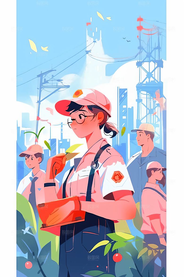 扁平风工人肖像彩色高清插画