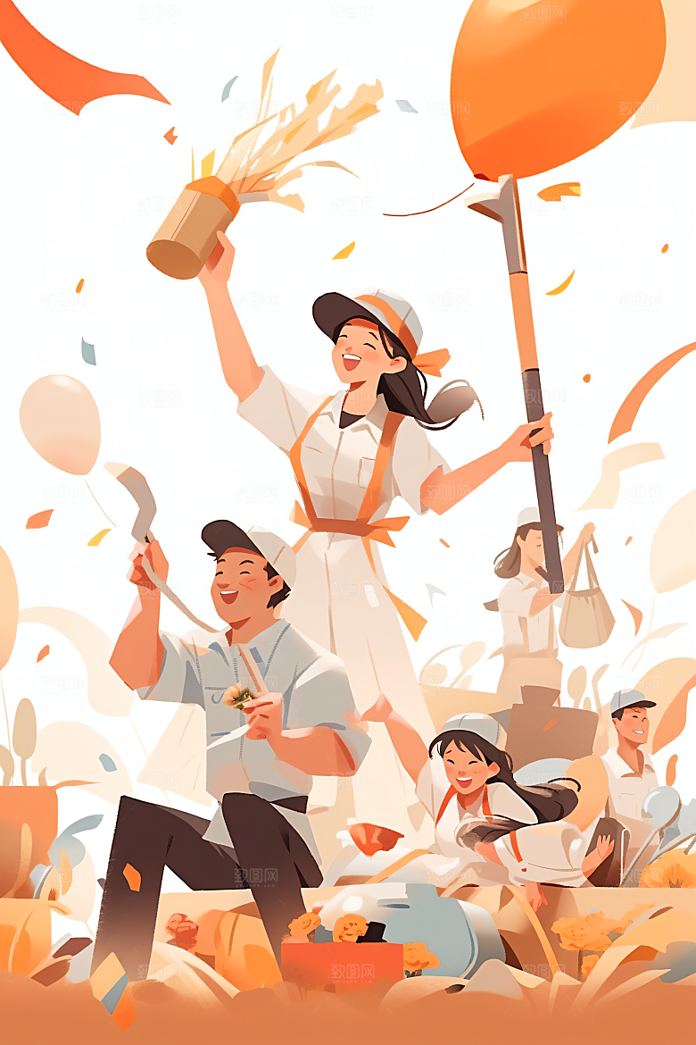扁平风工人肖像手绘高清插画