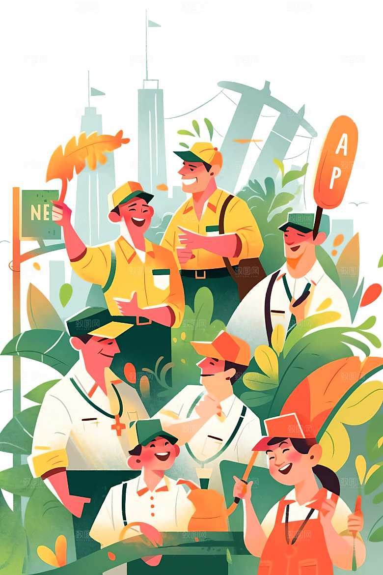 扁平风工人肖像高清卡通插画