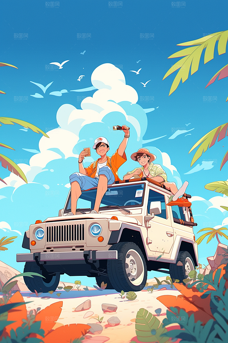 小长假自驾游旅游驾车插画