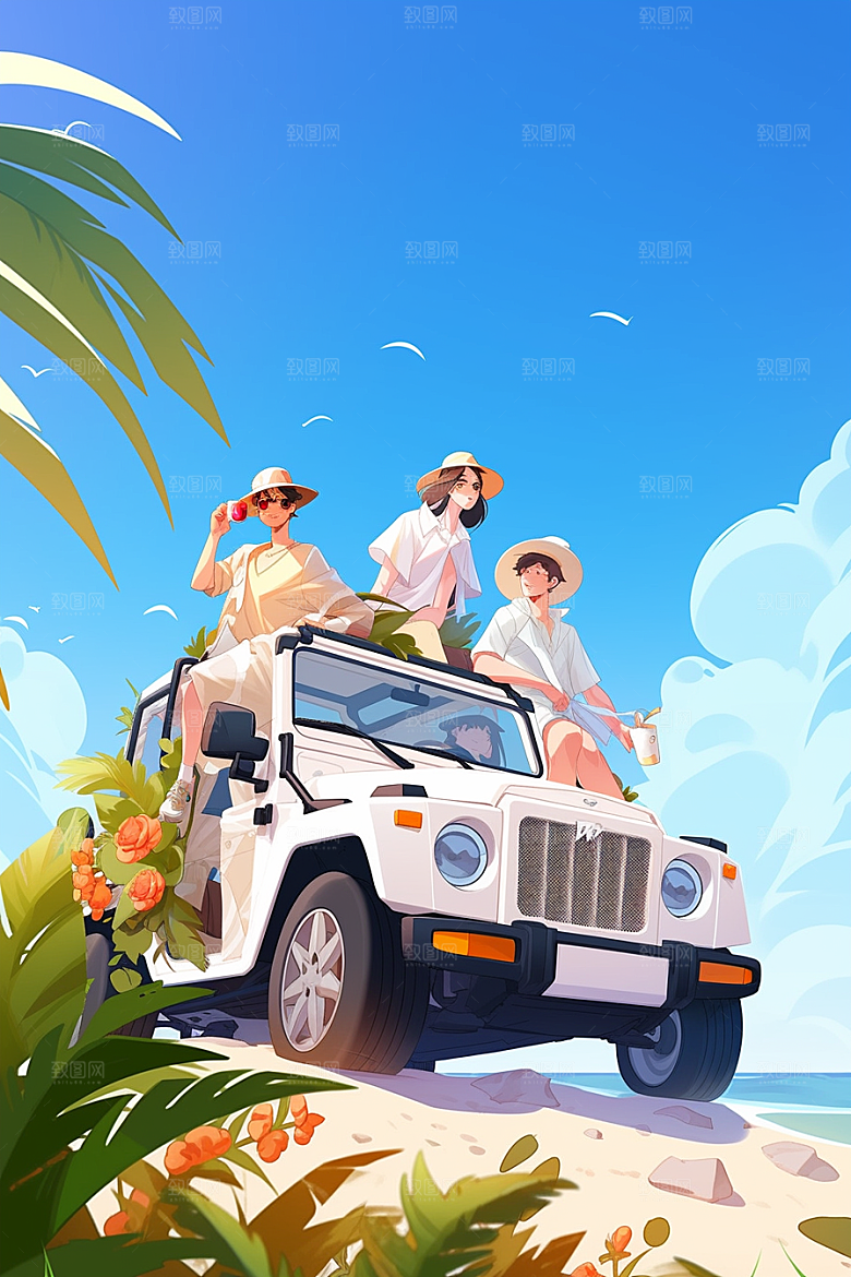 小长假自驾游旅行开车插画