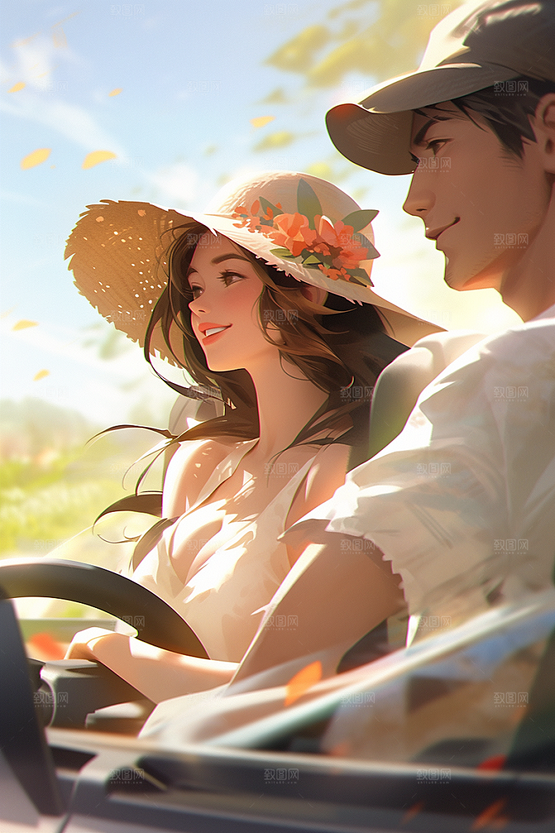 小长假自驾游旅游开心插画