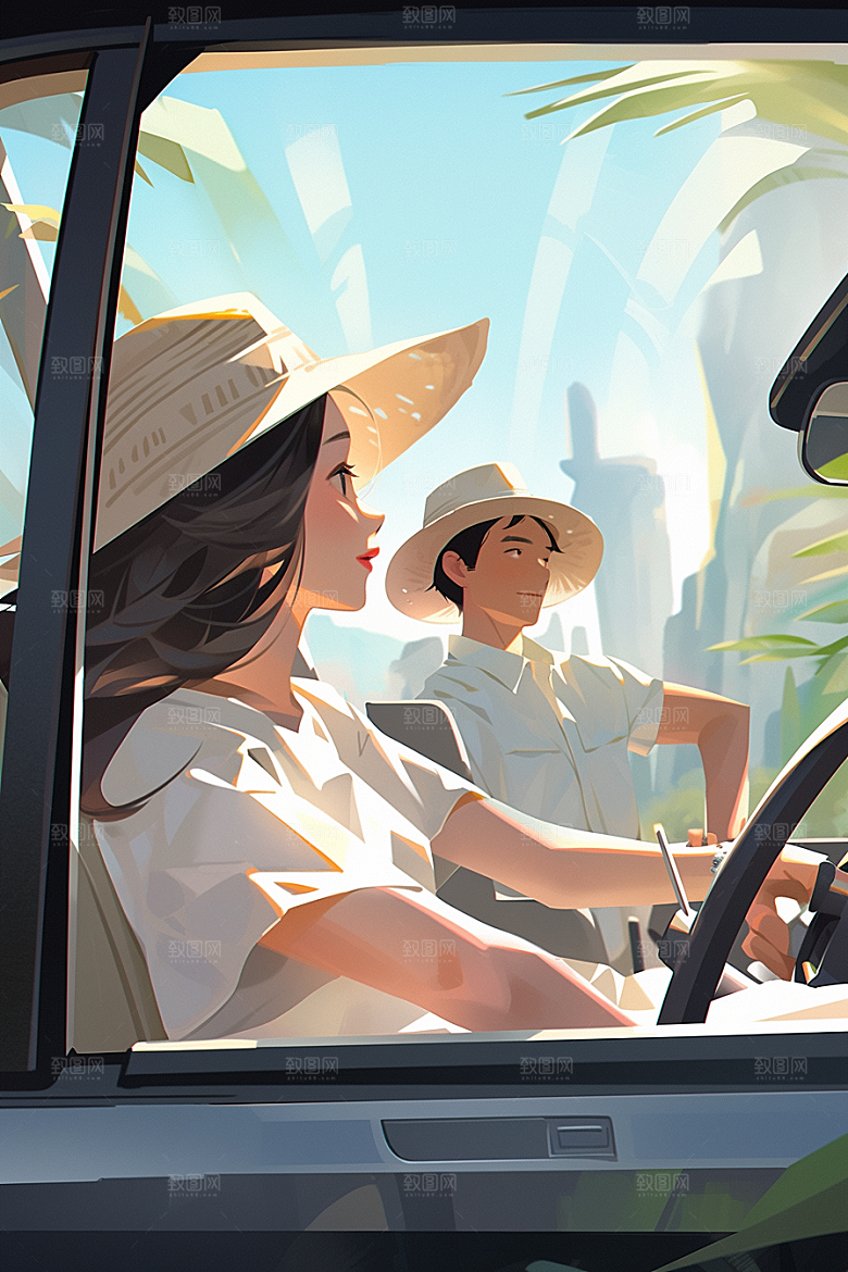 小长假自驾游旅行欢乐插画