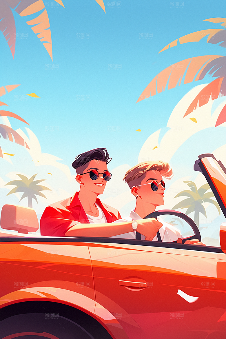 小长假自驾游驾车旅行插画