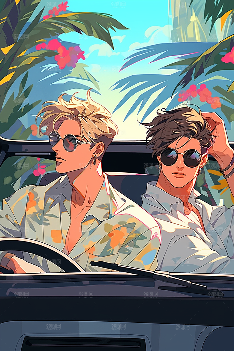 小长假自驾游手绘开车插画
