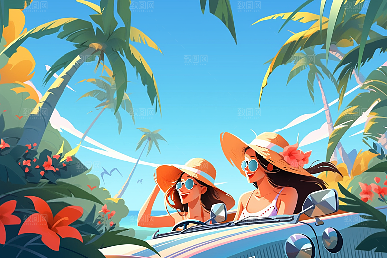 小长假自驾游开车自由行插画