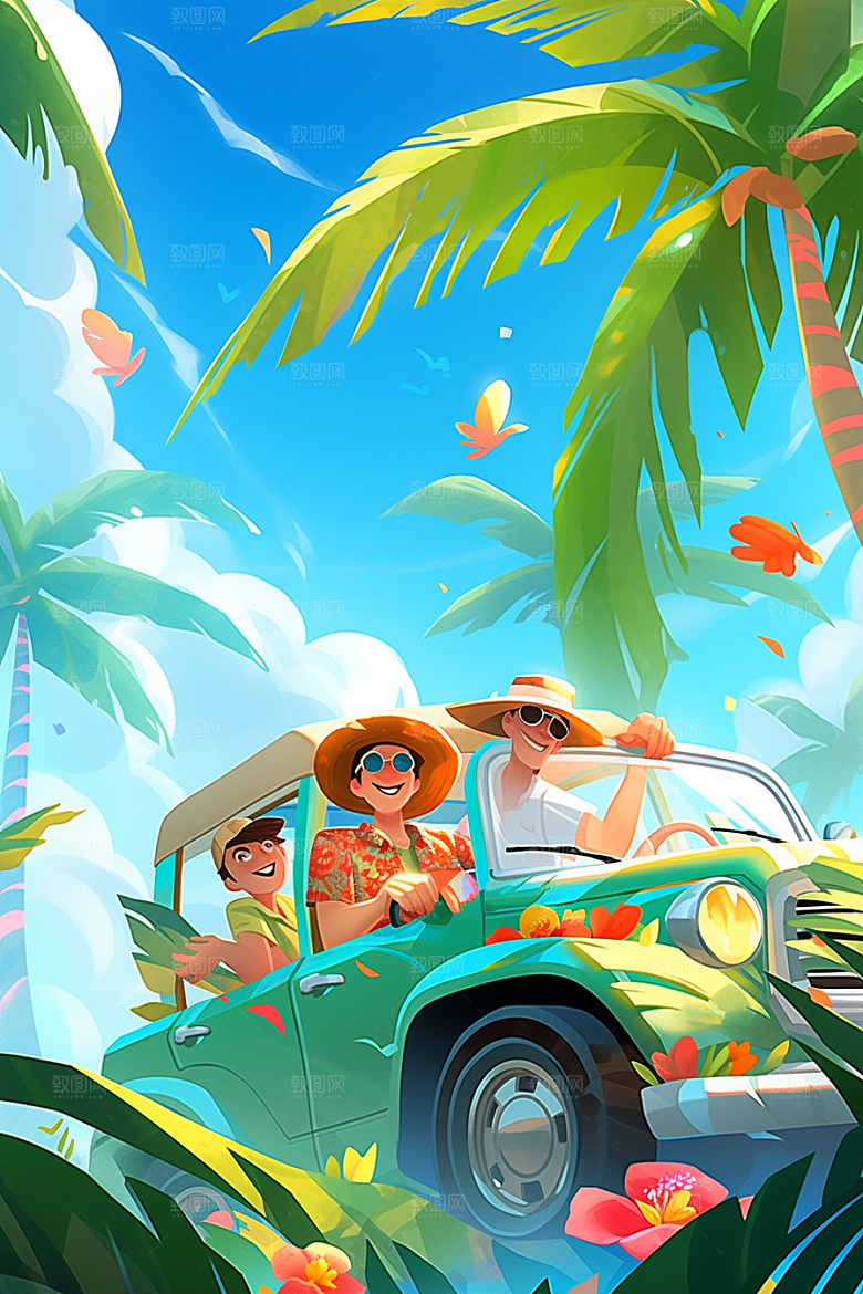 小长假自驾游自由行旅游插画