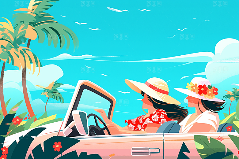 小长假自驾游手绘平面插画
