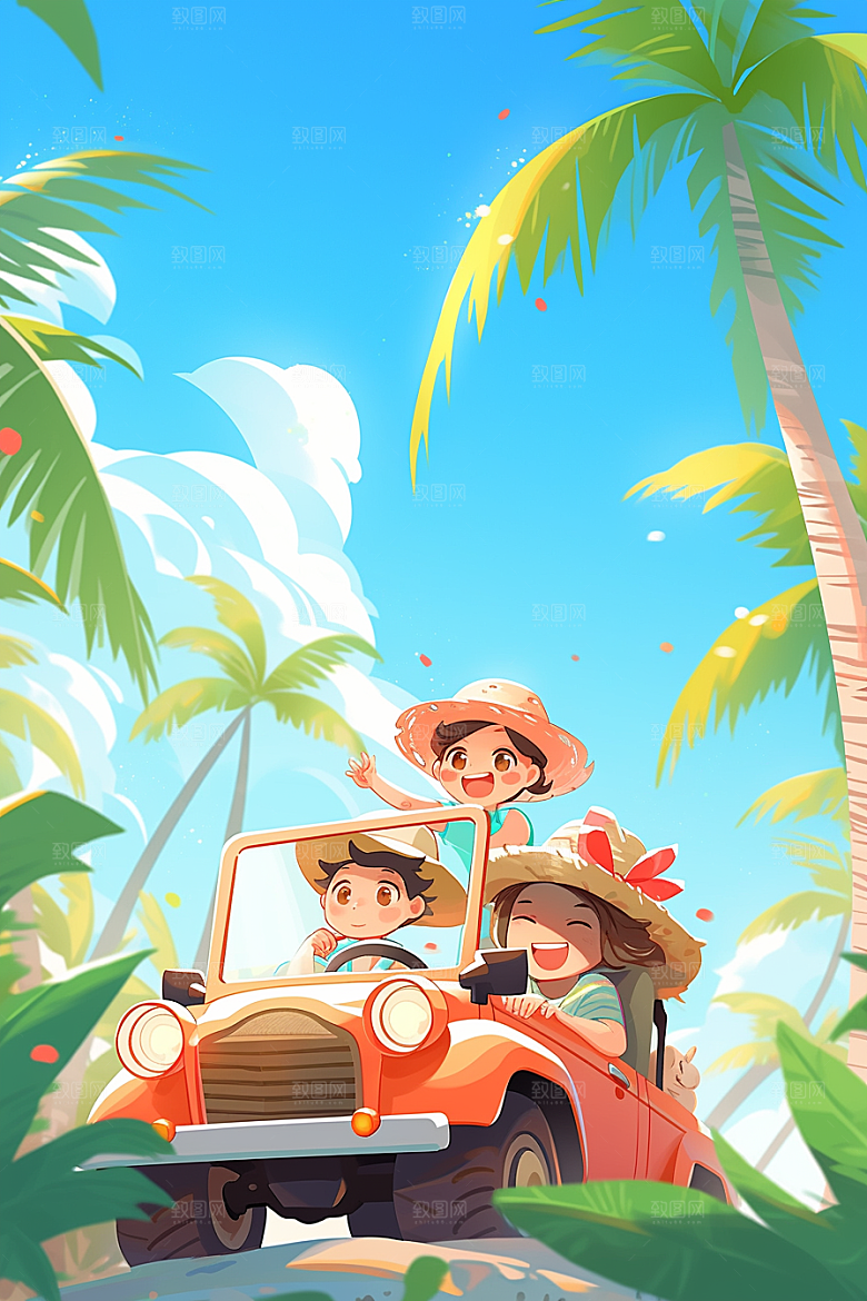 小长假自驾游开车自由行插画