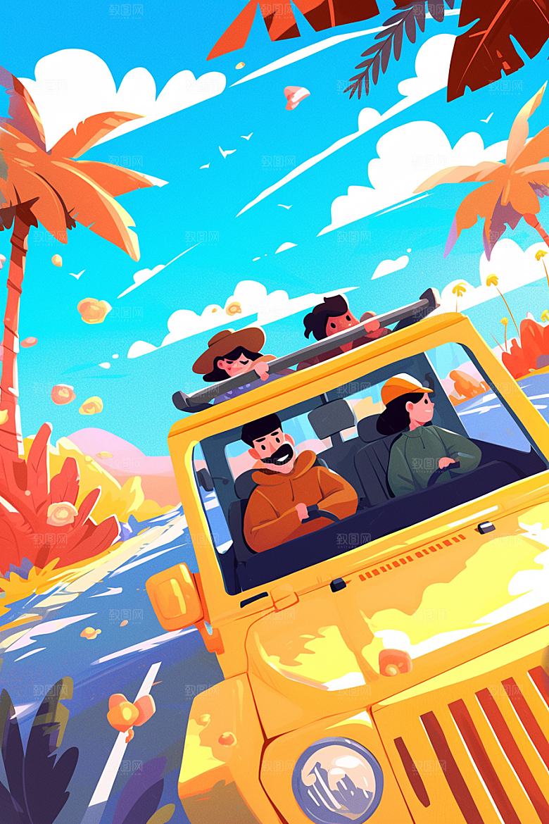 小长假自驾游旅游户外插画