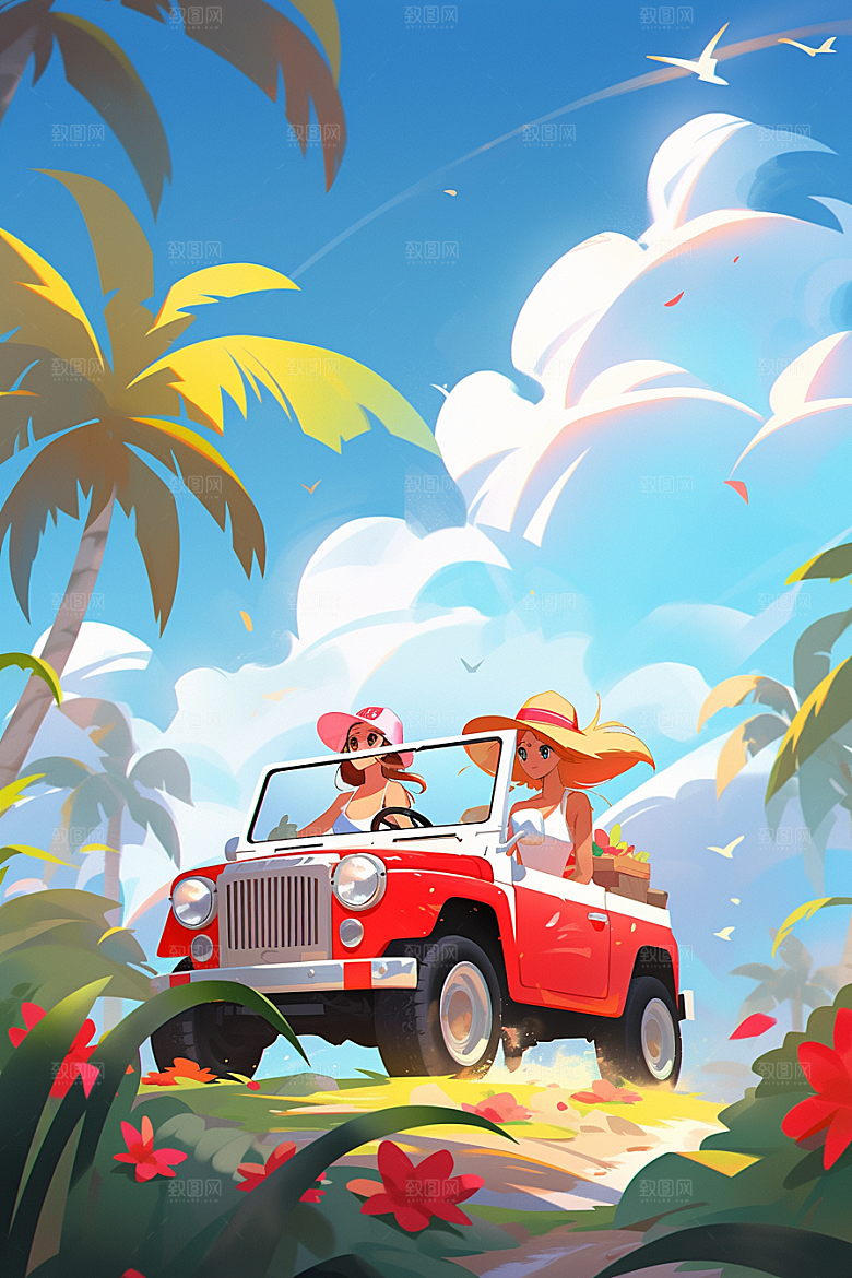 小长假自驾游欢乐旅游插画
