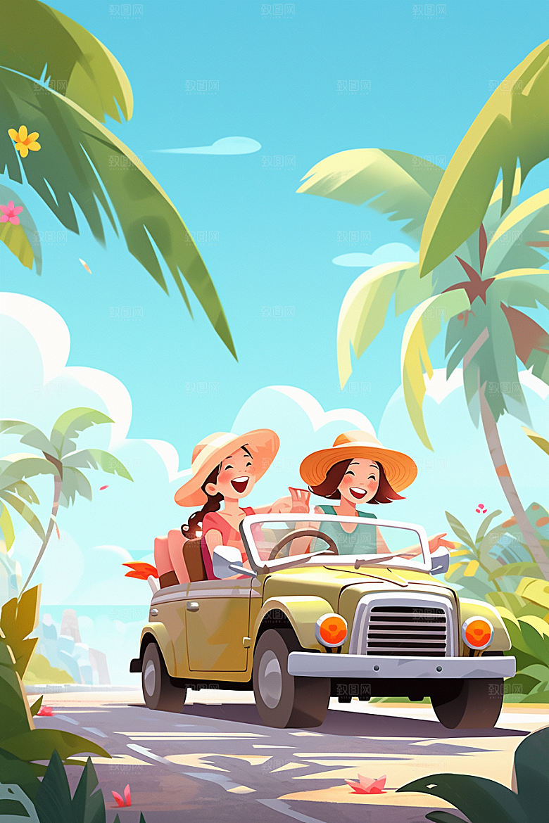 小长假自驾游开心旅行插画