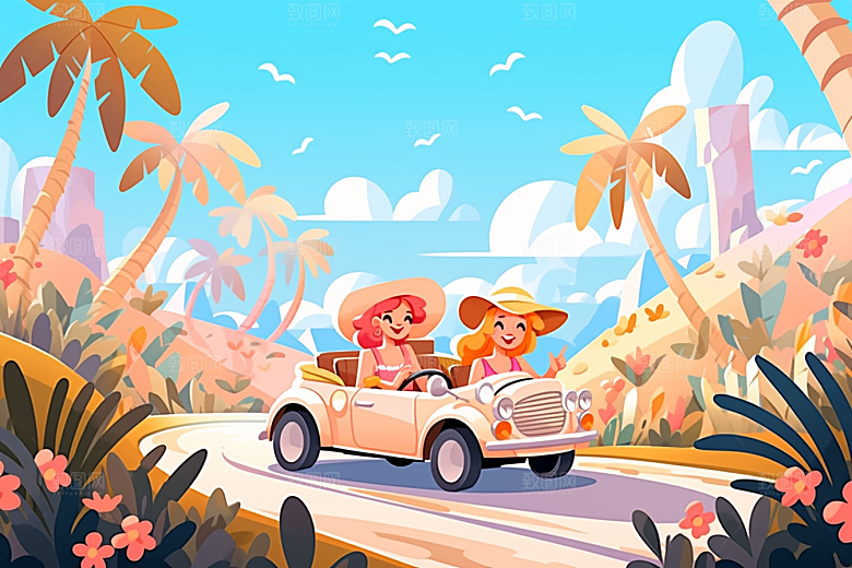 小长假自驾游旅行驾车插画