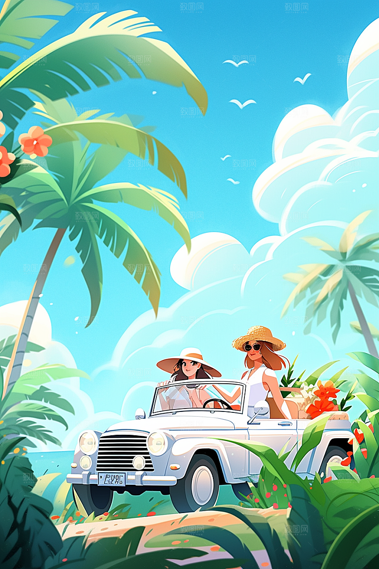 小长假自驾游开车户外插画
