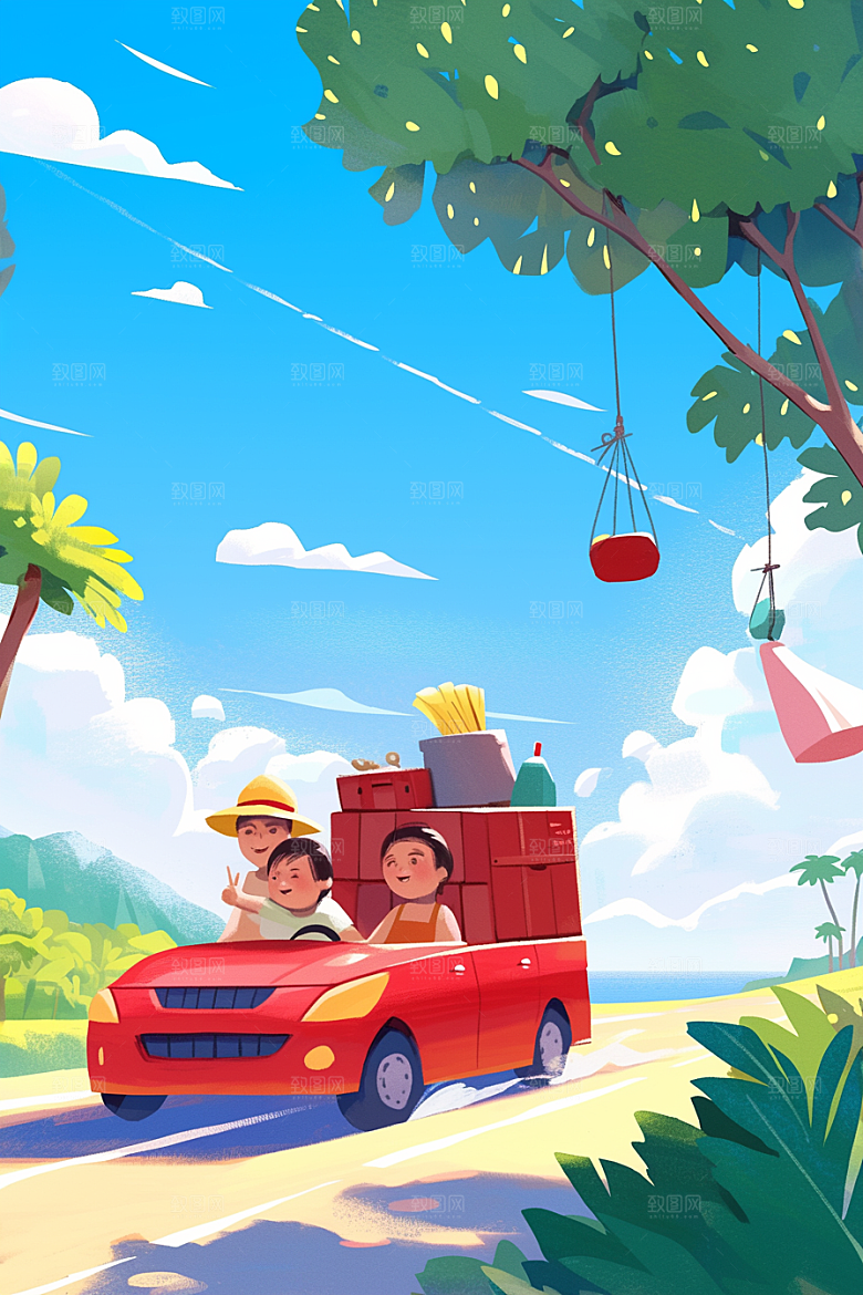 小长假自驾游旅游自由行插画