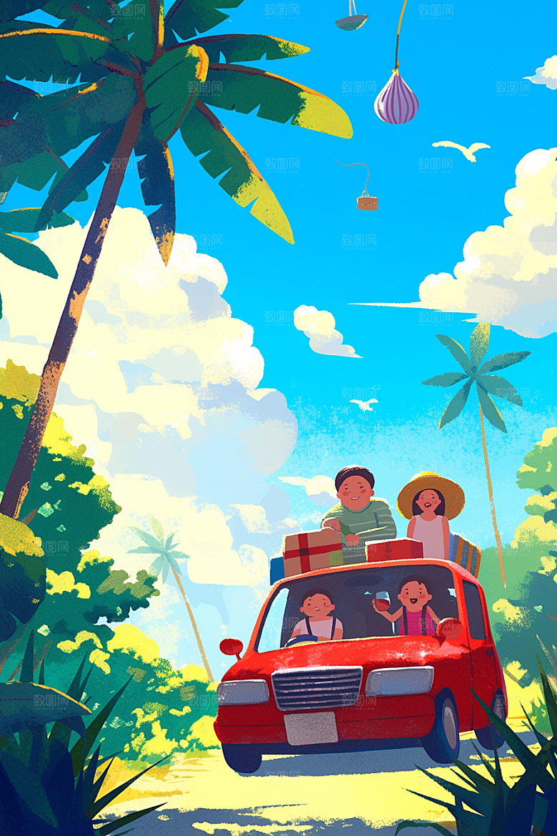 小长假自驾游手绘旅行插画