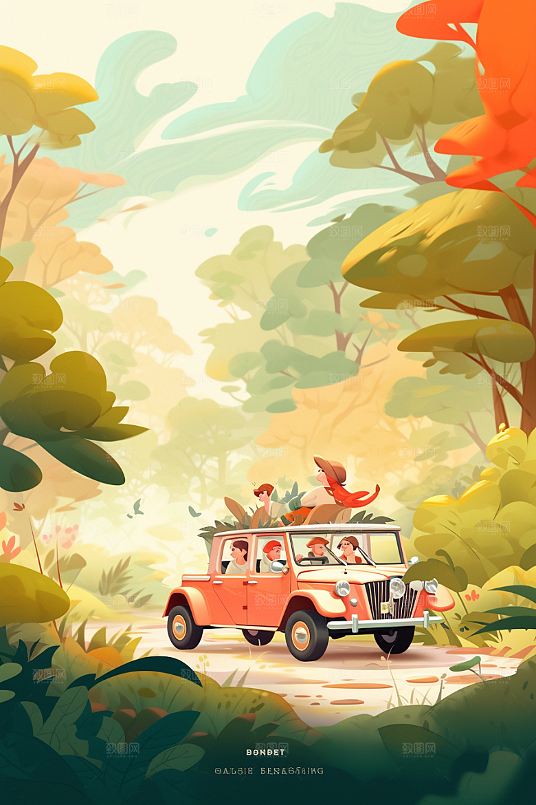 小长假自驾游节假日旅游插画