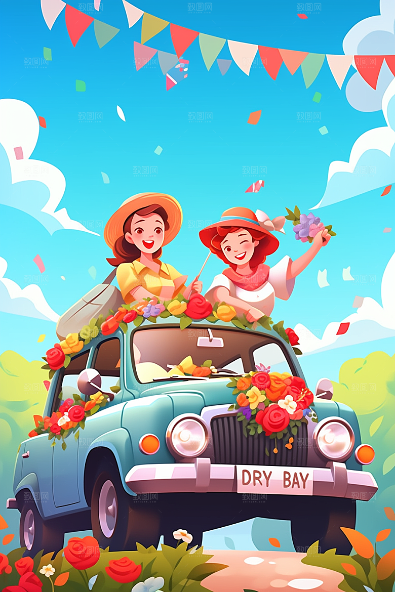 小长假自驾游自然自由行插画