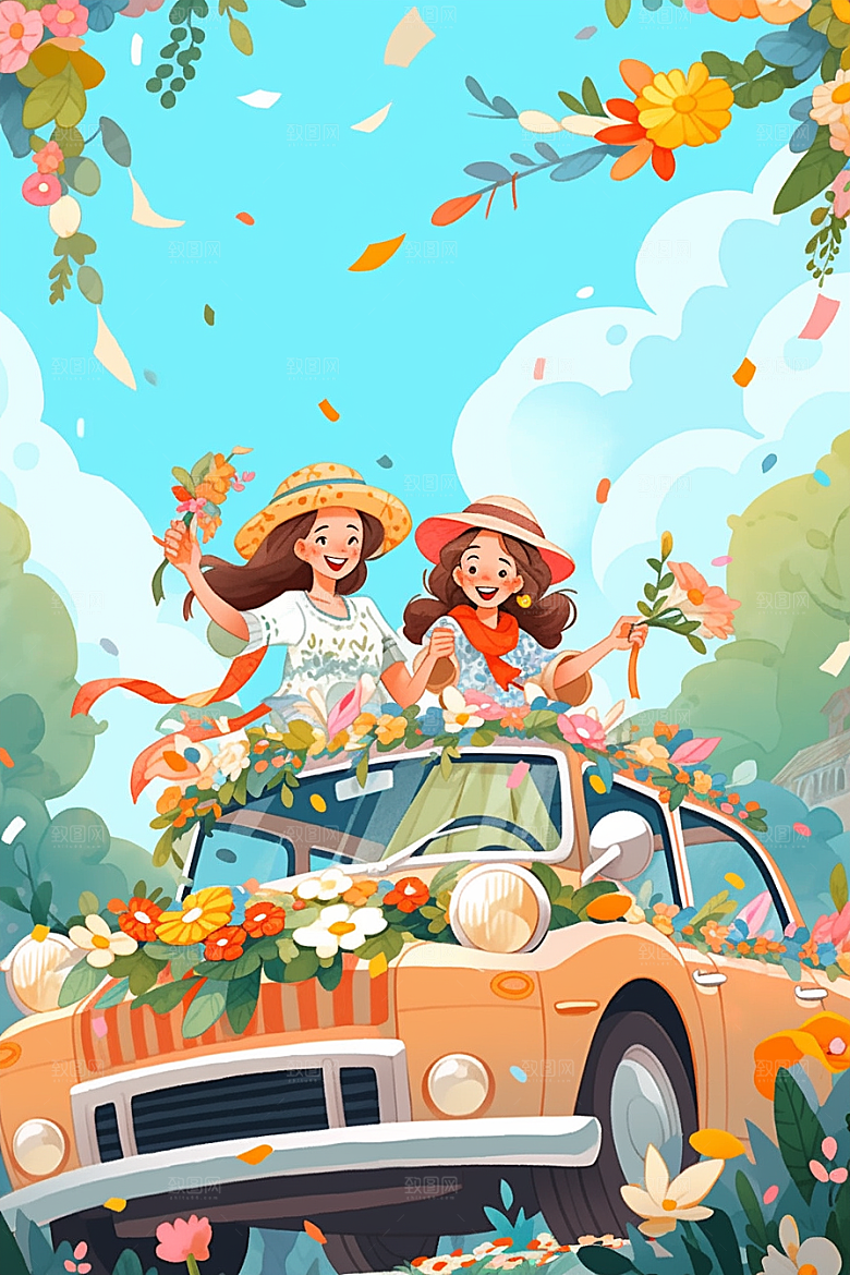 小长假自驾游户外自然插画