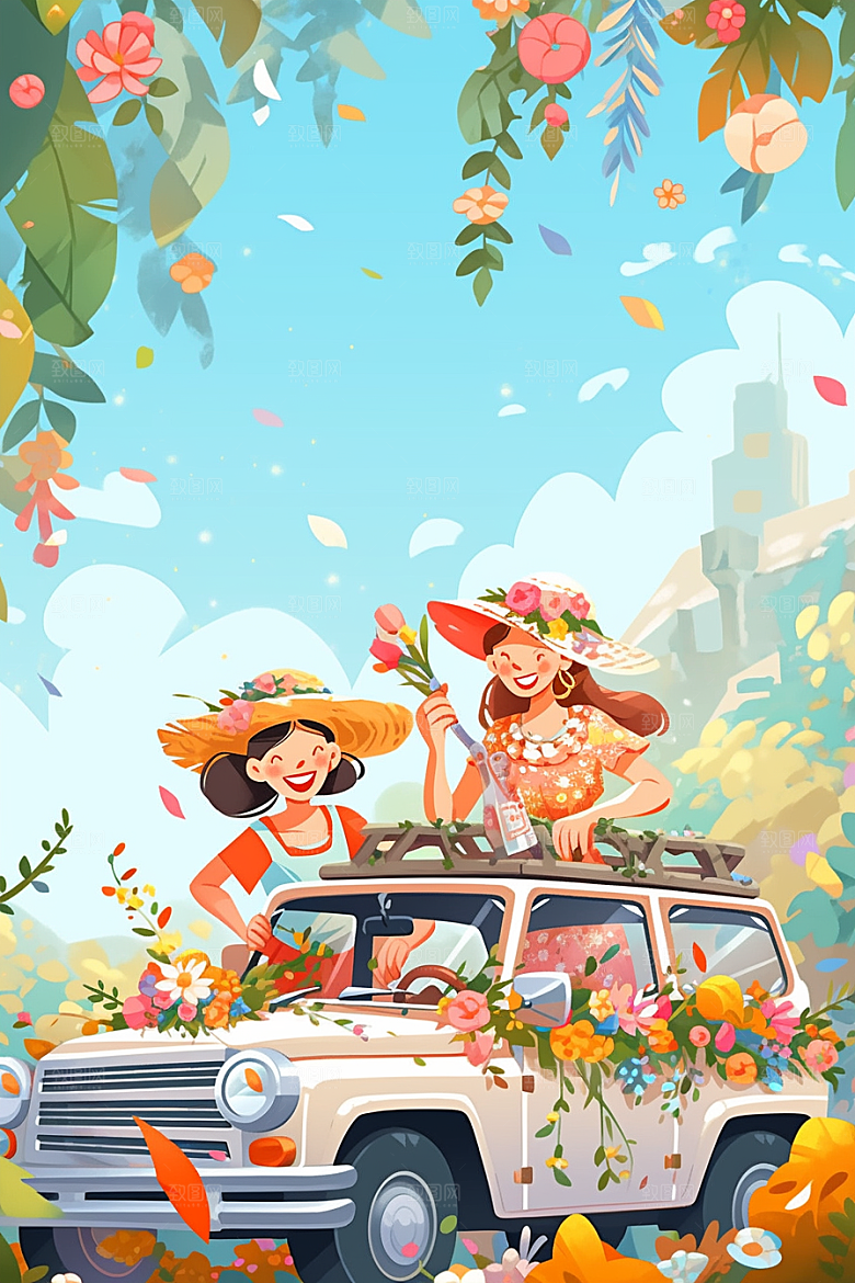 小长假自驾游旅游节假日插画