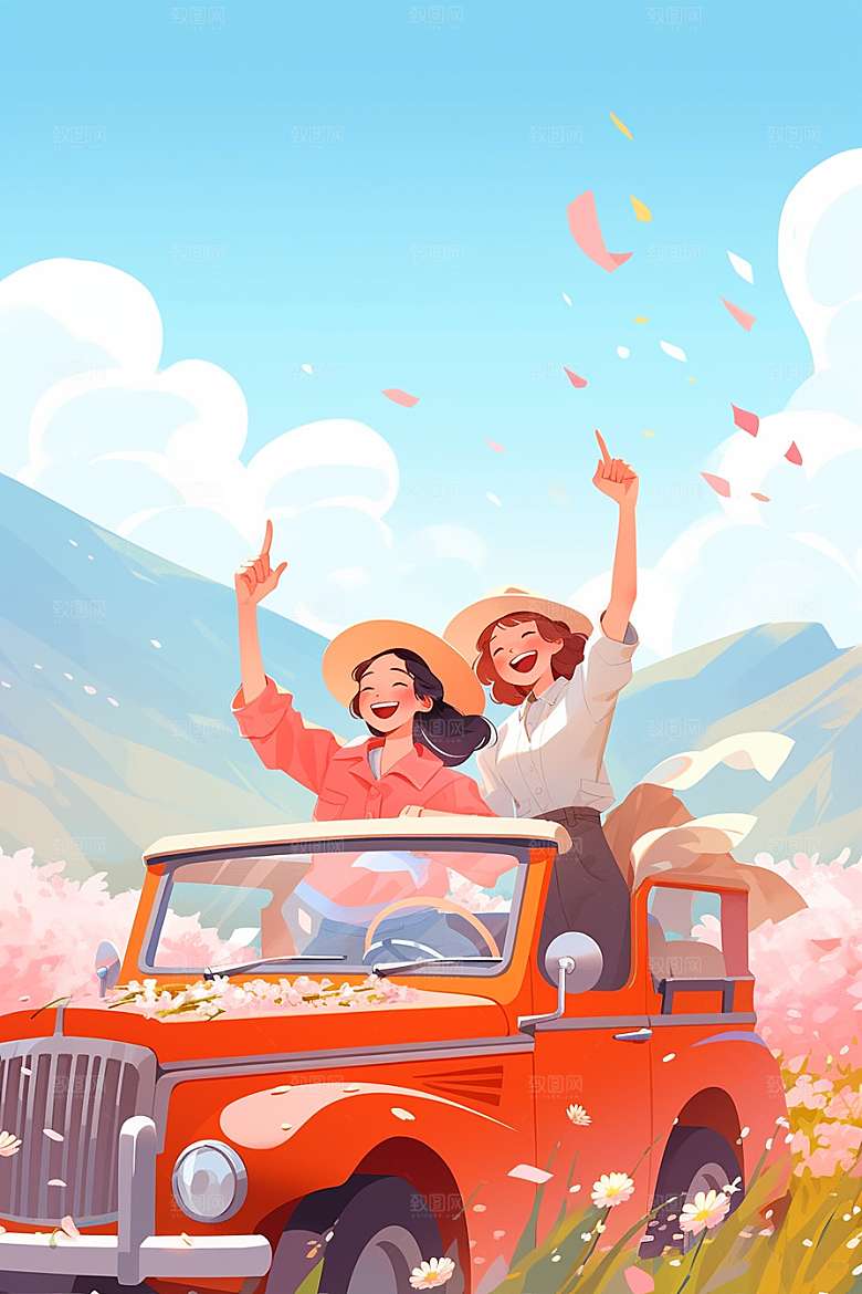 小长假自驾游欢乐平面插画
