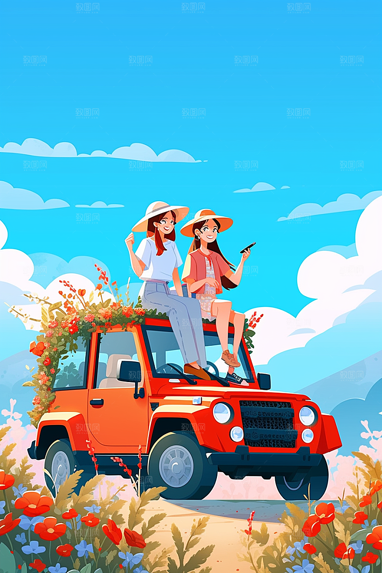 小长假自驾游户外自由行插画