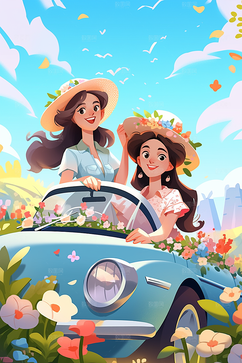 小长假自驾游欢乐节假日插画