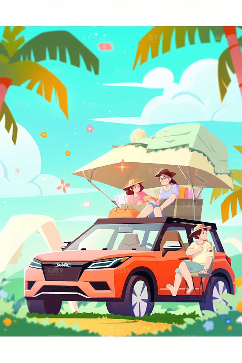小长假自驾游节假日旅行插画