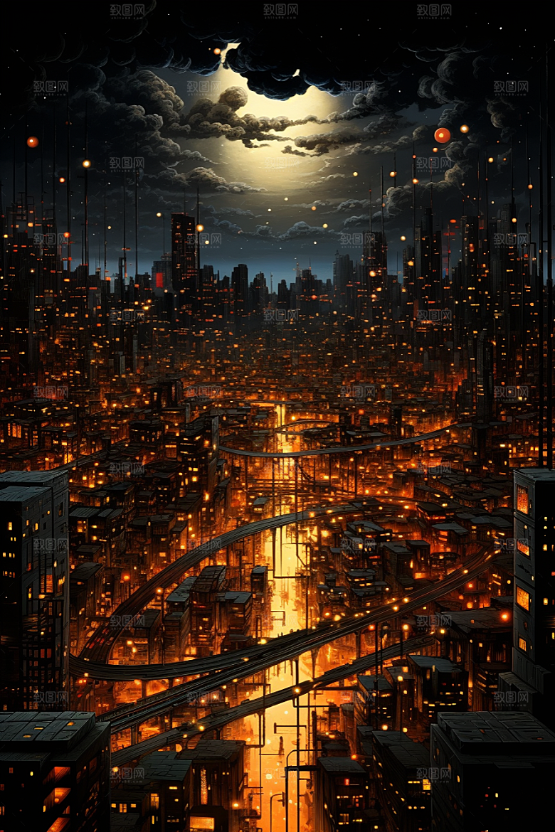金色现代都市科幻光影原画