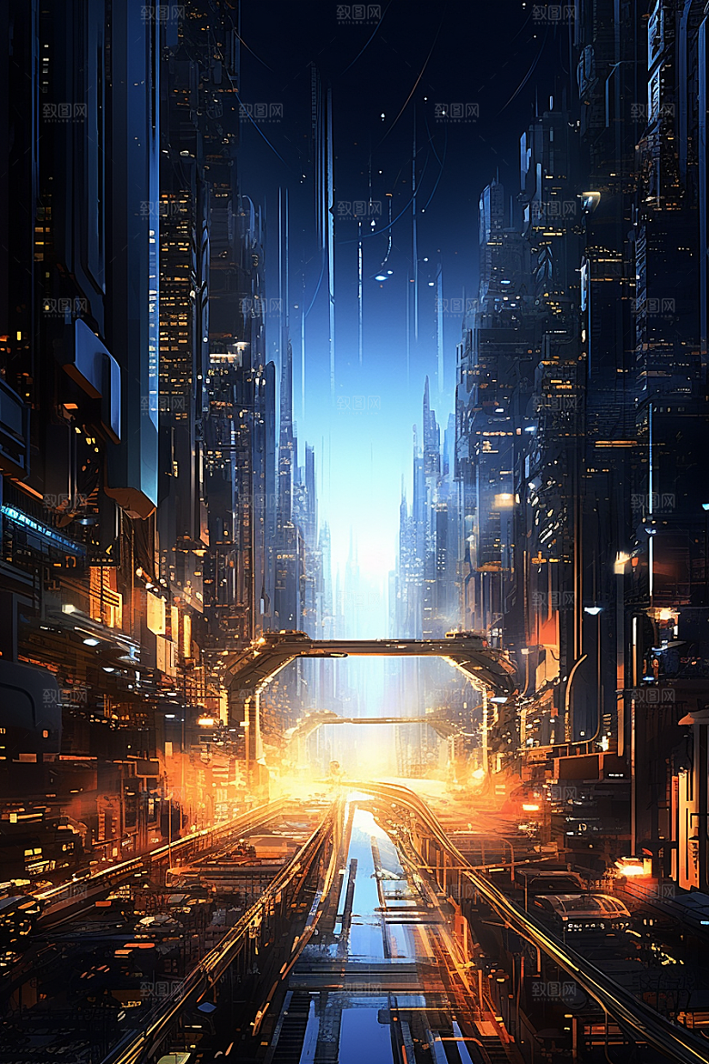 金色现代都市科技感建筑原画
