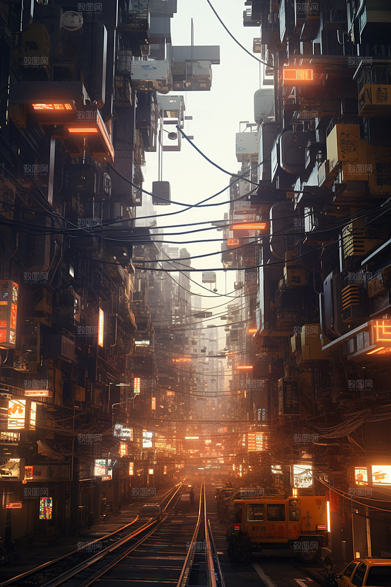 金色现代都市光影建筑原画