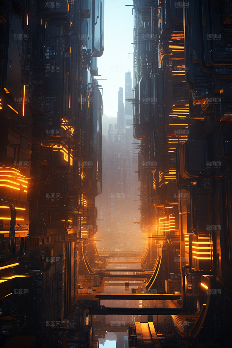 金色现代都市科技感建筑原画