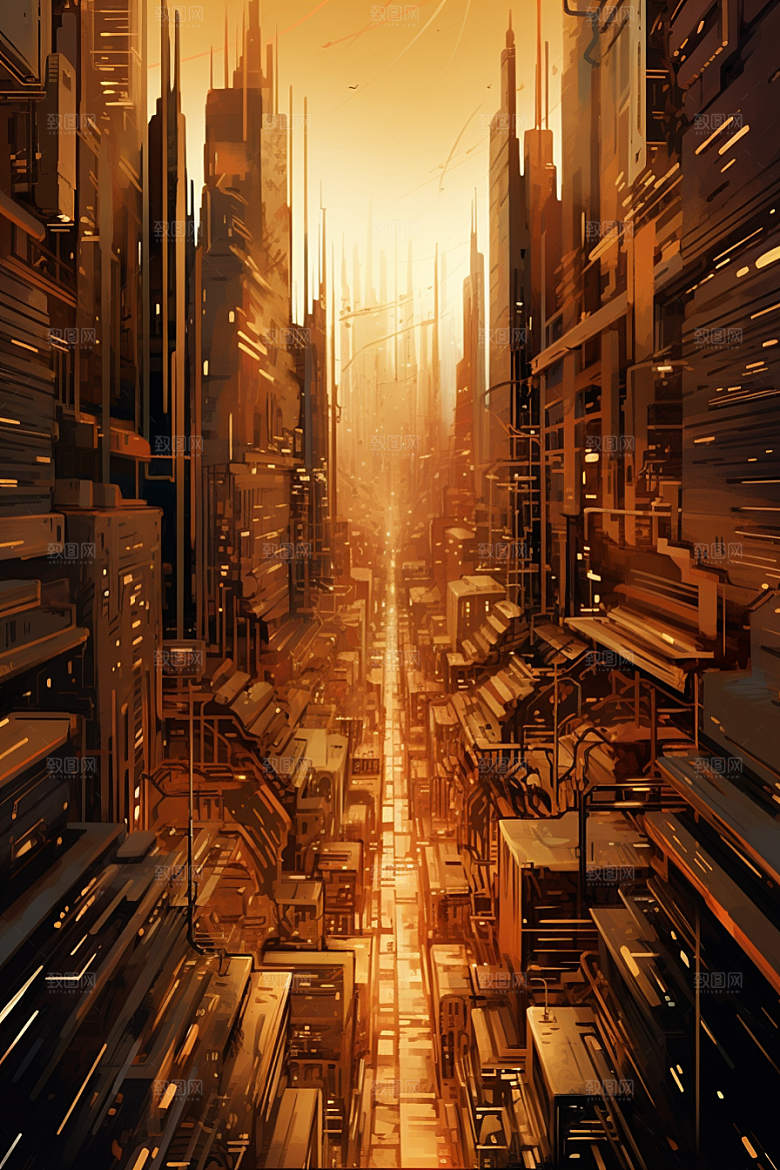 金色现代都市城市光影原画