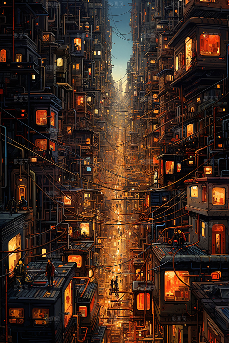 金色现代都市光影建筑原画